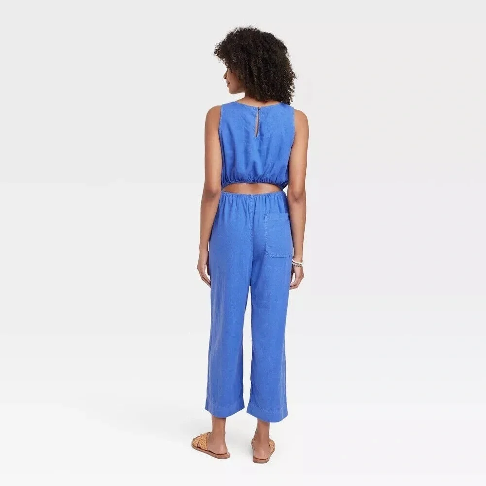 Universal Thread Blue Linen Sleeveless Jumpsuit Open Back XXL - Picture 2 of 6